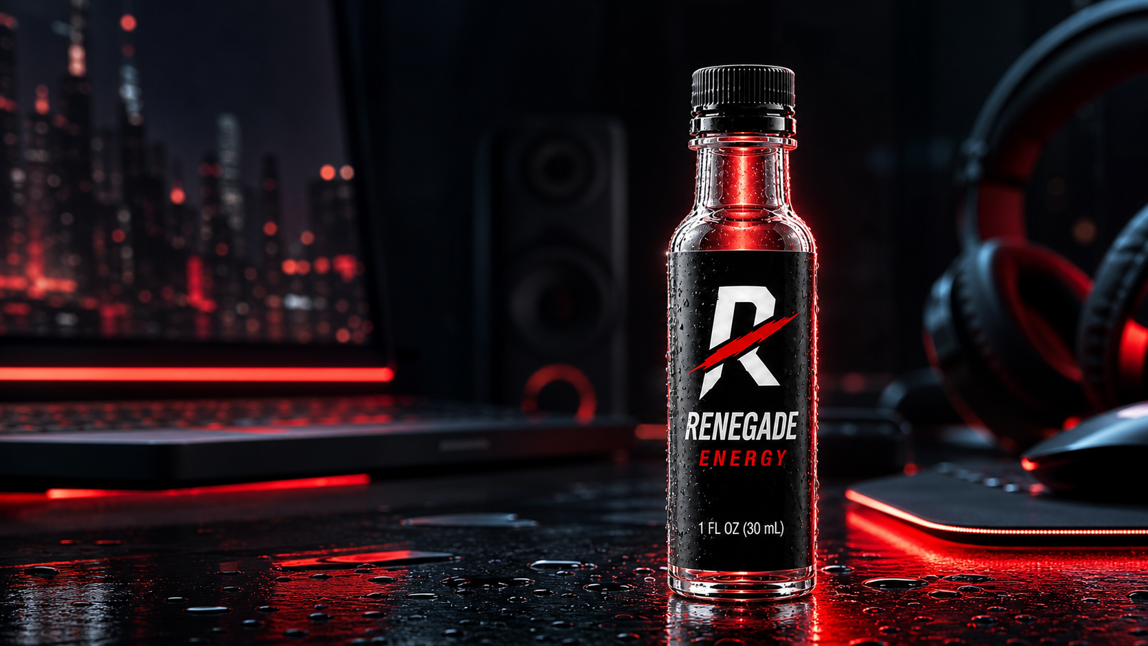 Renegade Energy Shot bottle on a desk with red lighting