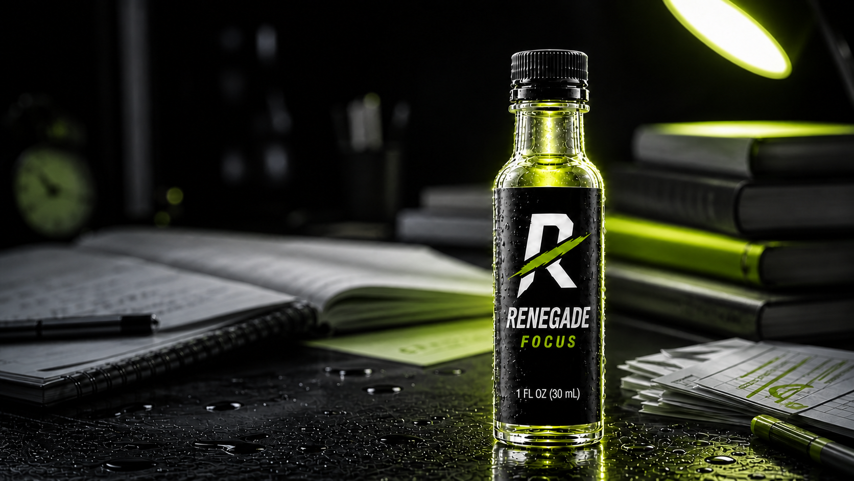 Renegade Focus Shot bottle with green study desk lighting