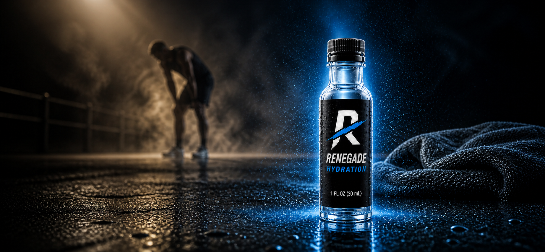 Renegade Hydration Shot bottle with blue workout hydration lighting