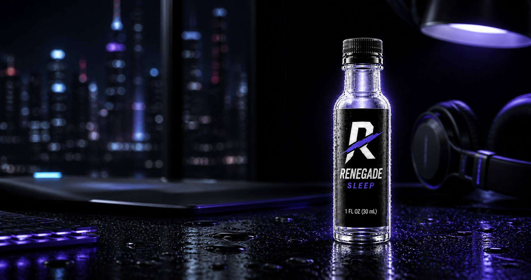 Sleep Shot bottle with blue purple nighttime lighting