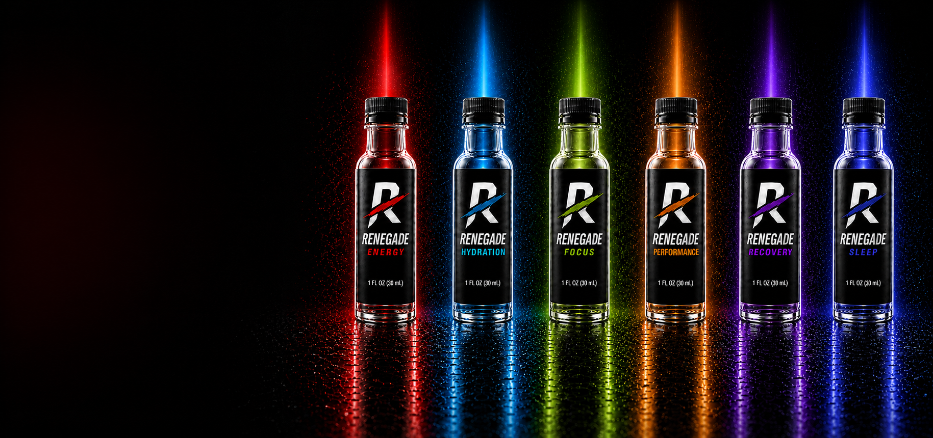 Renegade Energy, Hydration, Focus, Performance, Recovery, and Sleep shots